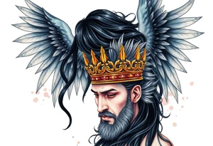 A Scorpio gypsy  woman with long black hair and angel wings putting a kings crown on a man with grey spiked hair tattoo idea