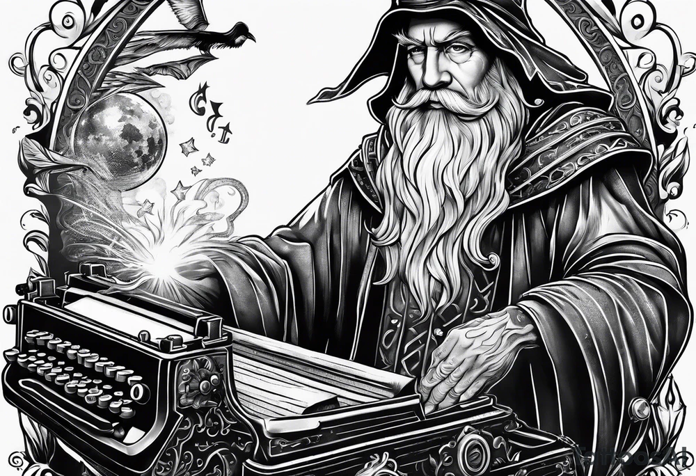 wizard coming out of a typewriter tattoo idea