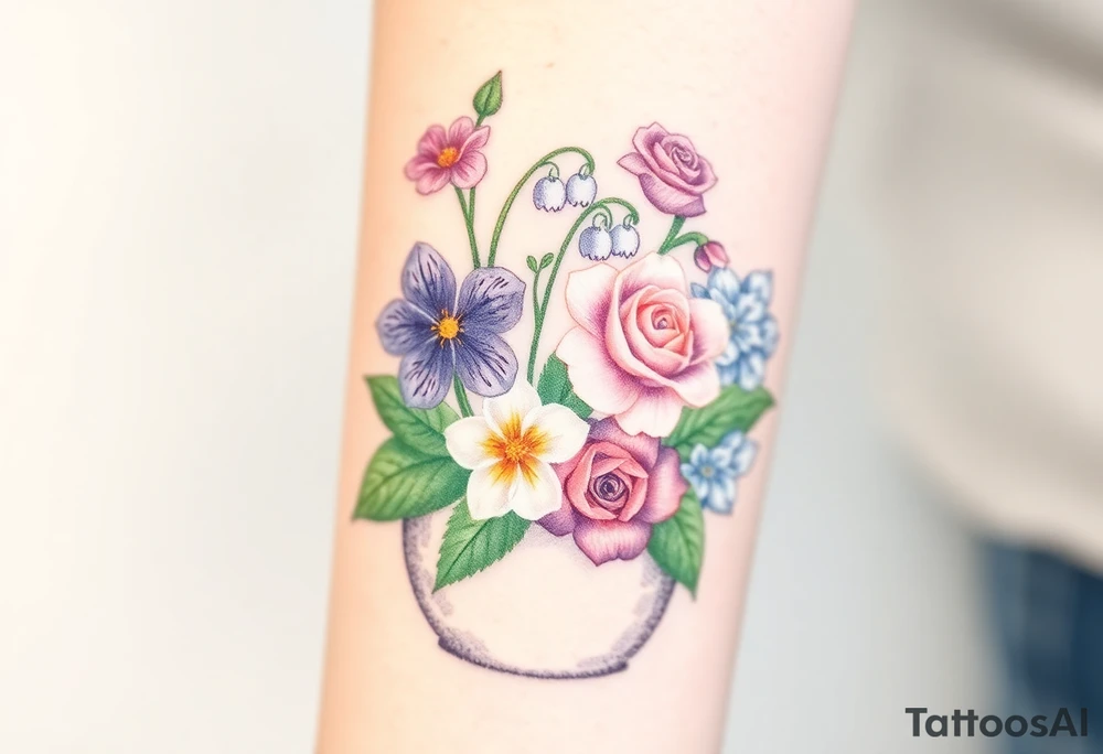 African violet, Daisy, Lily of the valley, Rose, hydrangea in a flower pot. Light color shading tattoo idea