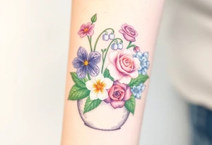 African violet, Daisy, Lily of the valley, Rose, hydrangea in a flower pot. Light color shading tattoo idea