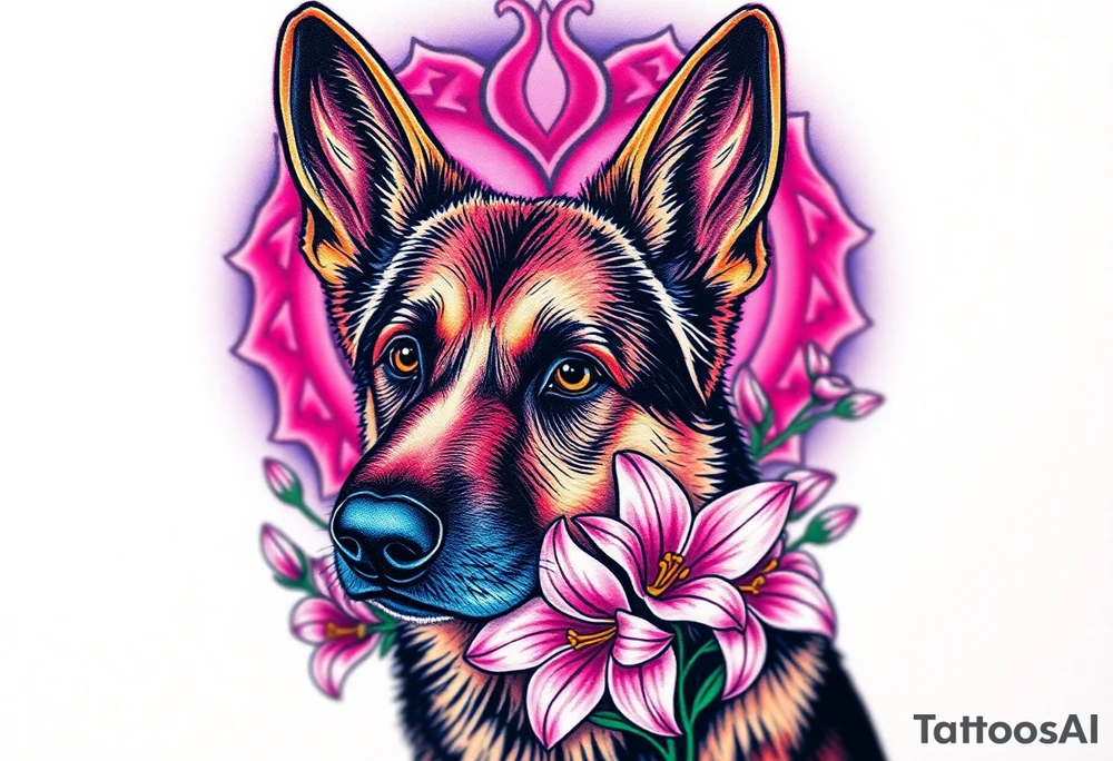 realistic german shepherd with alert ears looking protective with pink lilies in front of a sacred heart tattoo idea