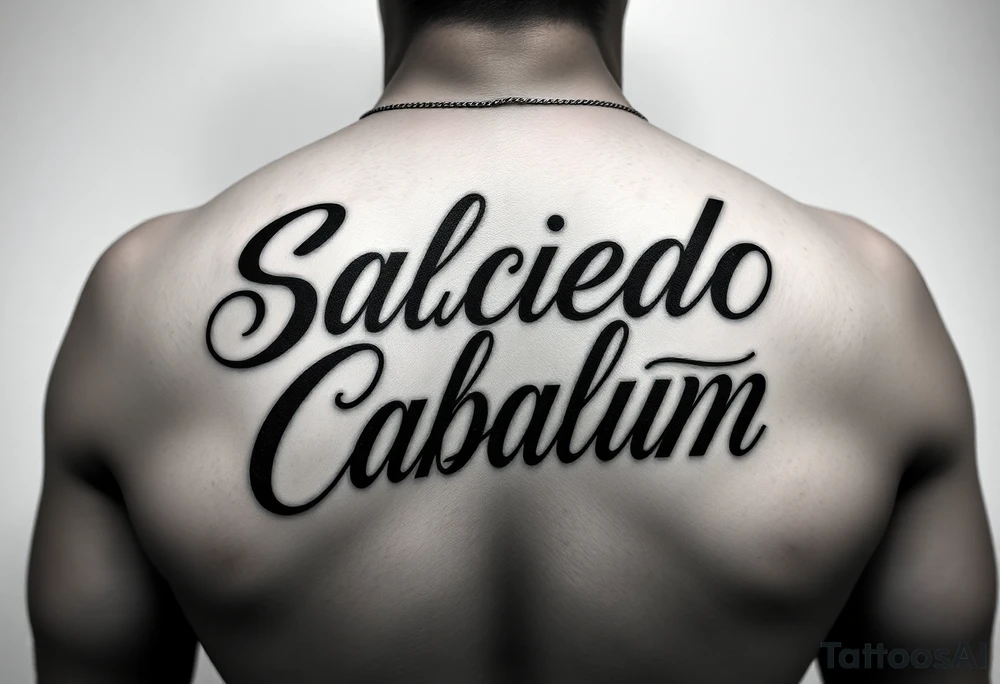 Script tattoo, LA Chicano style, style like alecki ramos the tattoo artist, I need it to say both my last names - Salcedo and Cabalum. One on top of the other. I need it to spread across the top half of my back, touching the top of shoulder blades. tattoo idea