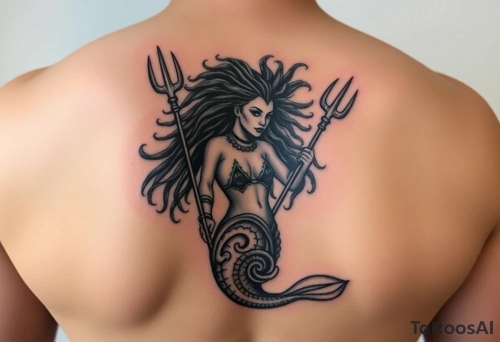 warrior mermaid, trident powerful African queen, long afro hair, beautiful, realistic, human like tattoo idea