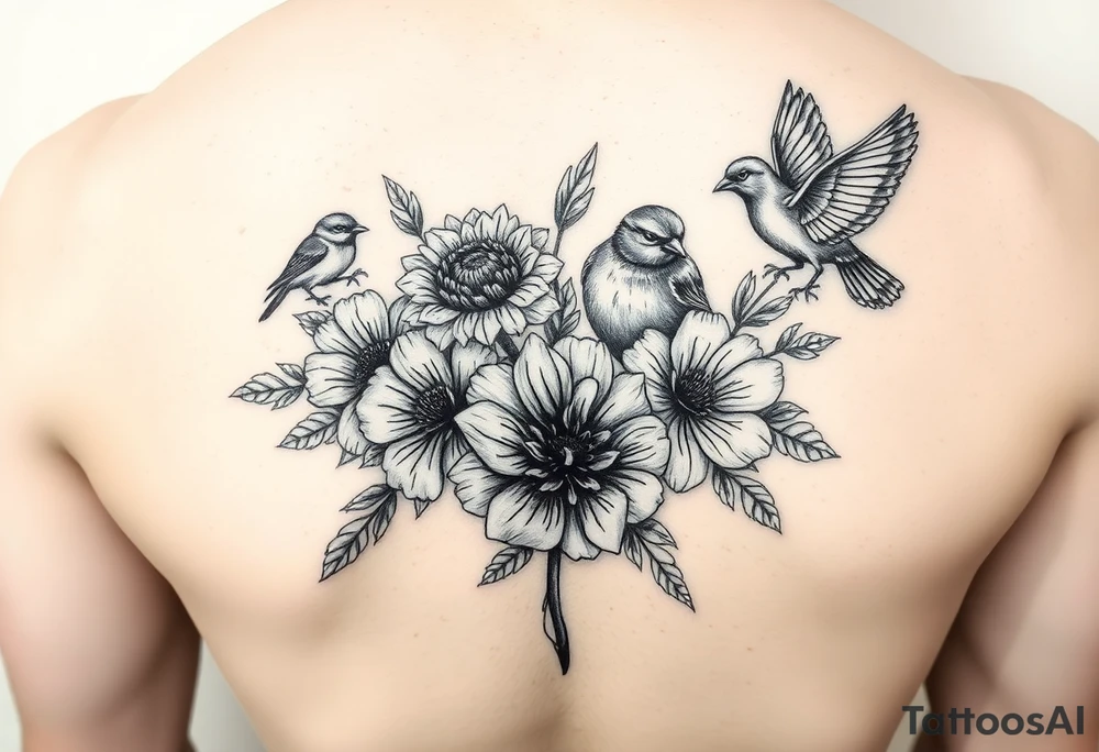 Different flowers with different birds surrounding them. Close together.
Black and white tattoo idea