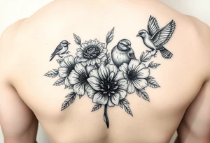 Different flowers with different birds surrounding them. Close together. 
Black and white tattoo idea