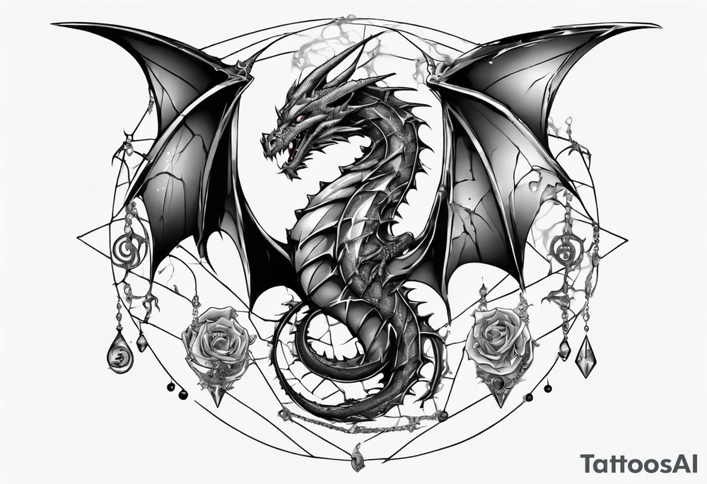 Dragon in a spiral spiderweb with jewels and shattered chalices and a spiral horn tattoo idea