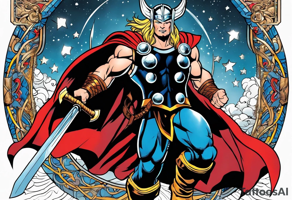 The Mighty Thor from comics in the 1980's with a vignette in the background tattoo idea