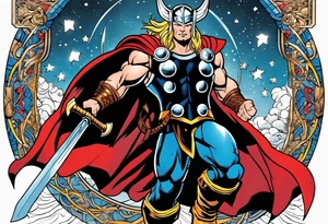 The Mighty Thor from comics in the 1980's with a vignette in the background tattoo idea