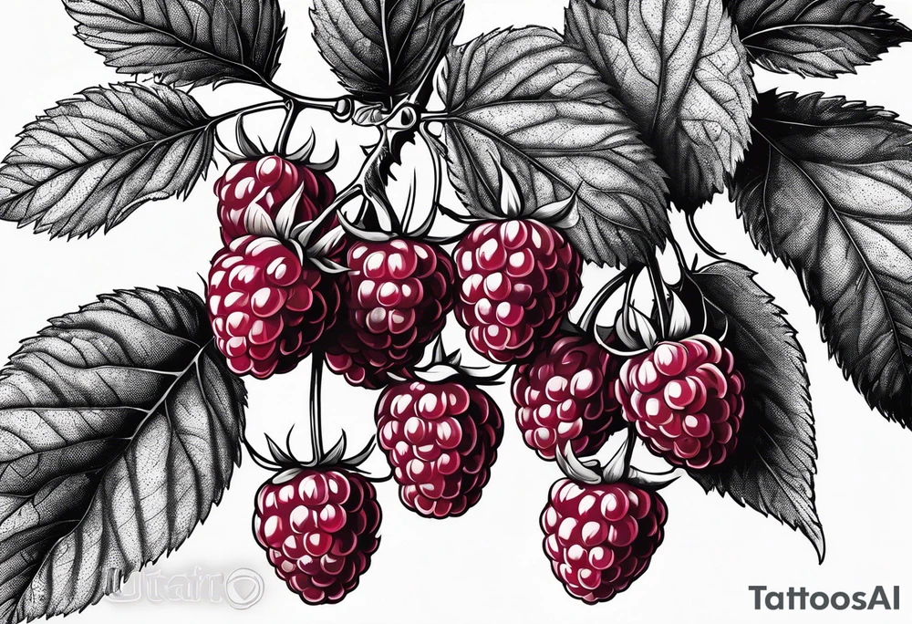 a single long raspberry branch with lots of leaves that is hanging upside down in black and white tattoo idea