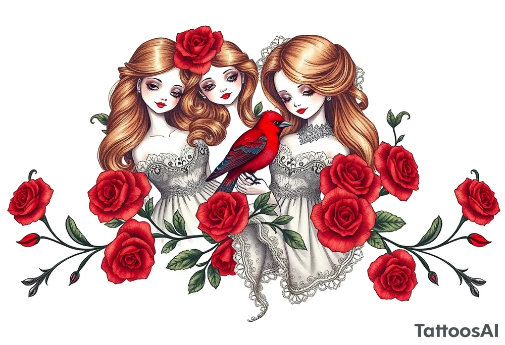 Vintage dollies, red roses, lace, red bird, vintage, wrap around, tighter together, no space open tattoo idea