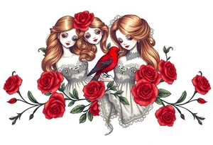Vintage dollies, red roses, lace, red bird, vintage, wrap around, tighter together, no space open tattoo idea