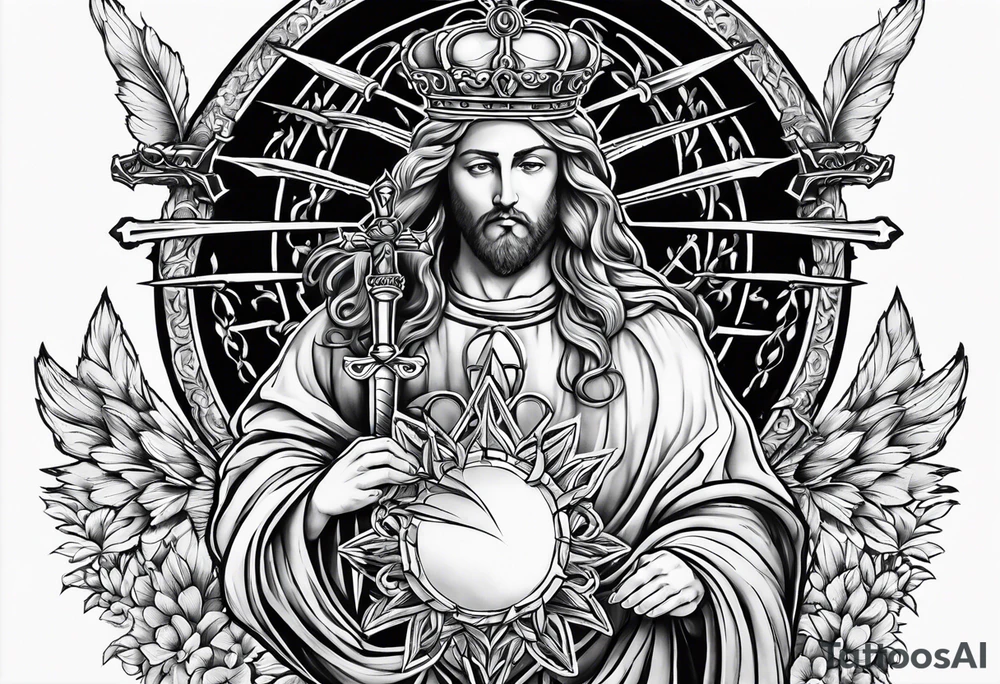 sacred heart with 3 swords instead of a cross. In front of a seraphim. tattoo idea