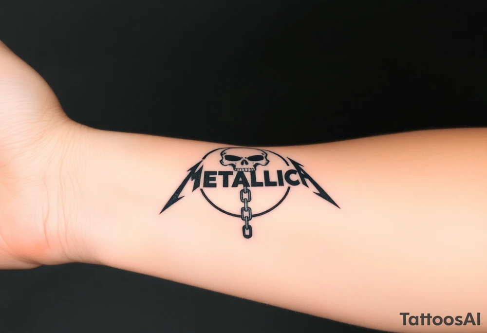 A heavy metal skull with chains hanging down, surrounded by circle with “Metallica” written in bold, fiery letters above it tattoo idea