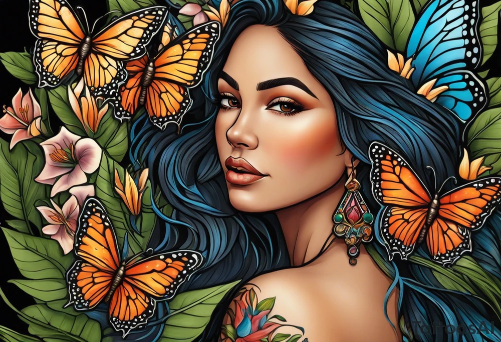Forward-facing, portrait full length of Hispanic wood nymph made or bark and branches standing upright.  Butterflies in background. Lillies near her feet with colorful vegetation. tattoo idea