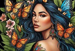 Forward-facing, portrait full length of Hispanic wood nymph made or bark and branches standing upright.  Butterflies in background. Lillies near her feet with colorful vegetation. tattoo idea