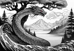 Jormungandr wrapped around world tree with water enveloping tattoo idea