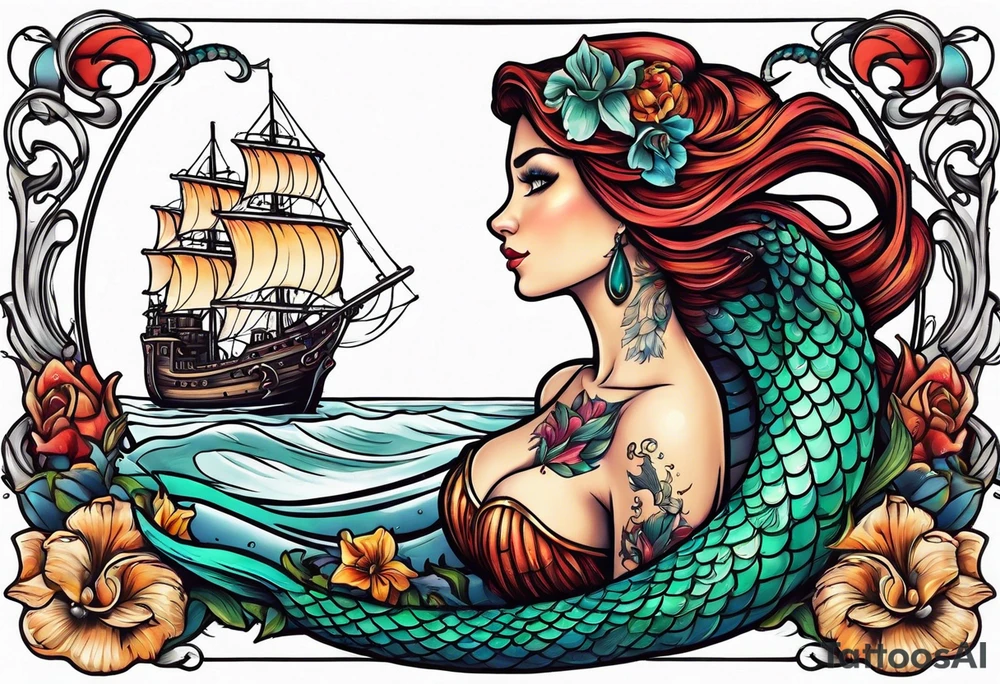 mermaid with galleon ship tattoo idea