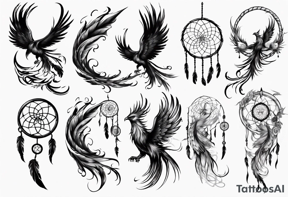 Vertical screaming Phoenix with dream catcher tail tattoo idea