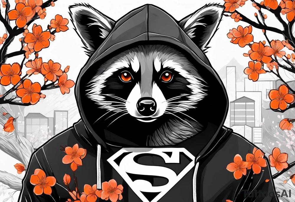 Raccoon wearing a white Superman logo on a black hoodie and orange Japanese cherry blossoms beside tattoo idea