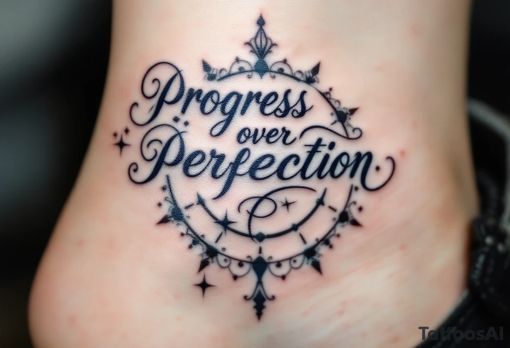 “Progress over perfection” in midnight blue, layered over a faded clock design in light gray. tattoo idea