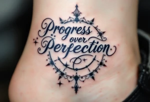 “Progress over perfection” in midnight blue, layered over a faded clock design in light gray. tattoo idea