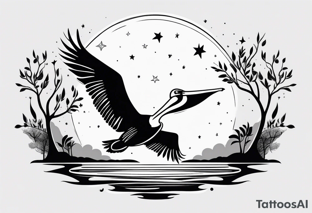 A simple willow tree with a flying pelican. A sun a moon and a star tattoo idea