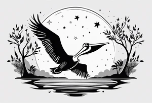 A simple willow tree with a flying pelican. A sun a moon and a star tattoo idea