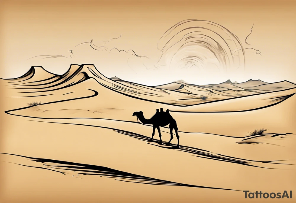 Design a tattoo depicting a distant view of a vast desert landscape with low, undulating sand dunes. Capture a man and his camel moving away, leaving footprints in the sand, both resilient against the harsh environment. The man covers his face with a long cloth, adding a sense of mystery and solitude to the scene. tattoo idea