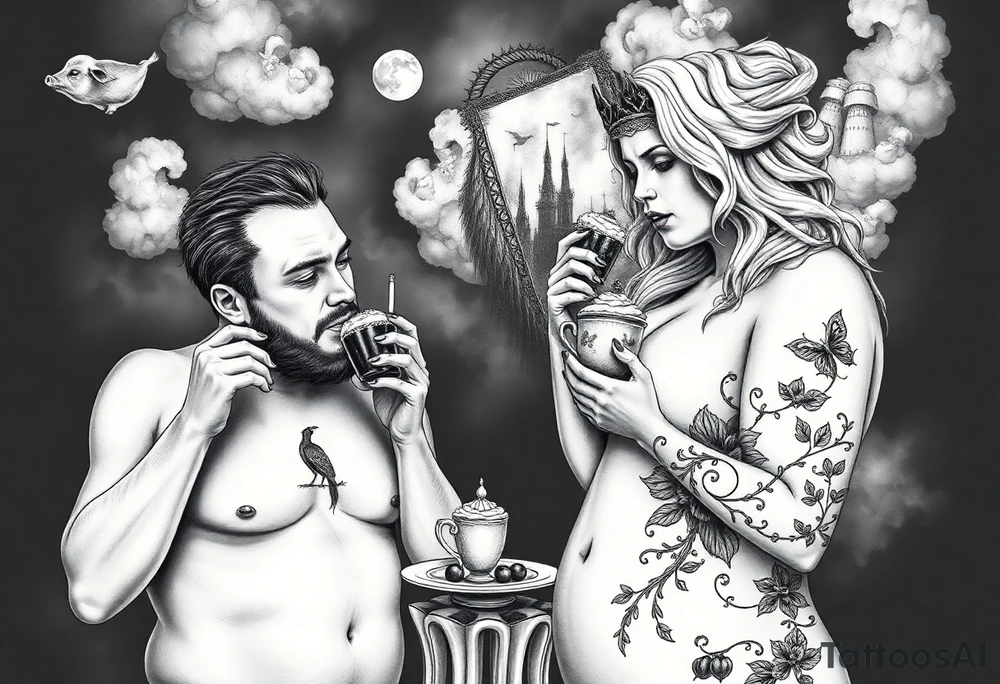 Mystical Naked Man and woman eating cupcakes and liquor fruit  having sex clouds gothic sexy naked fat lady having a tea party with tea pot and castle 
with a pigs, peacock, noose, lion, goat, smoking cigerettes looking in the mirror thru storm clouds with razor blades and broken hearts and darkness and wrath, envy , gluttony, greed, sloth, pride kill tattoo idea