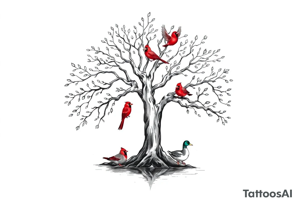 Tree of life with five birds flying out of the tree and  two red cardinals sitting on the tree and a duck in a pond tattoo idea