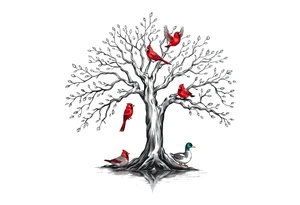 Tree of life with five birds flying out of the tree and  two red cardinals sitting on the tree and a duck in a pond tattoo idea