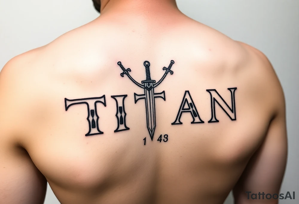 Name ‘Titan’ with birthday, Greek mythology inspired font with mini swords the T in Titan is a sword tattoo idea