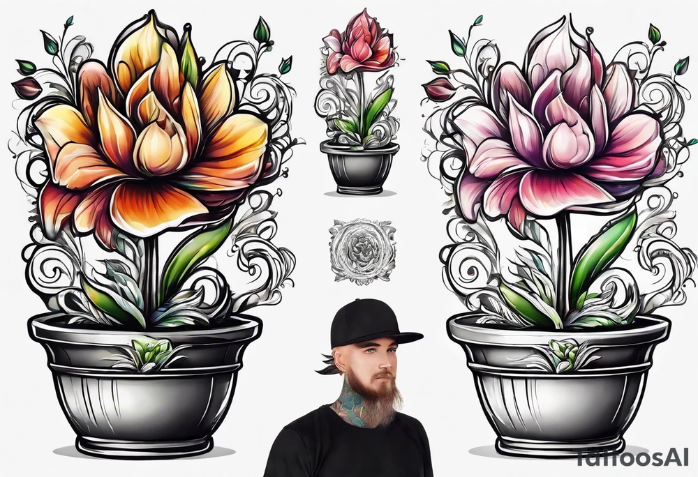 a small flowerpot with a flower that is getting ready to bloom tattoo idea