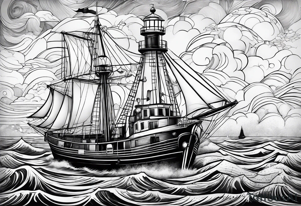 phare maritime dans un bateau entouré de voiles. tattoo idea