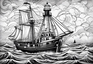 phare maritime dans un bateau entouré de voiles. tattoo idea