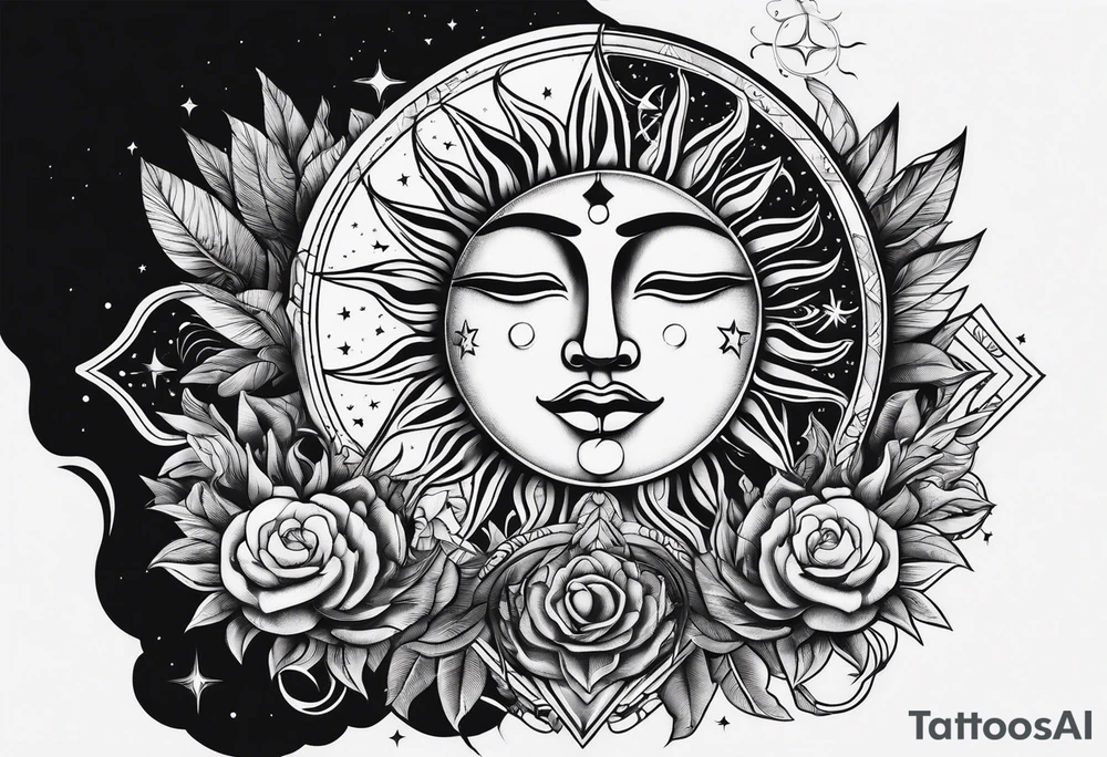 sun, moon and weird symbols tattoo idea