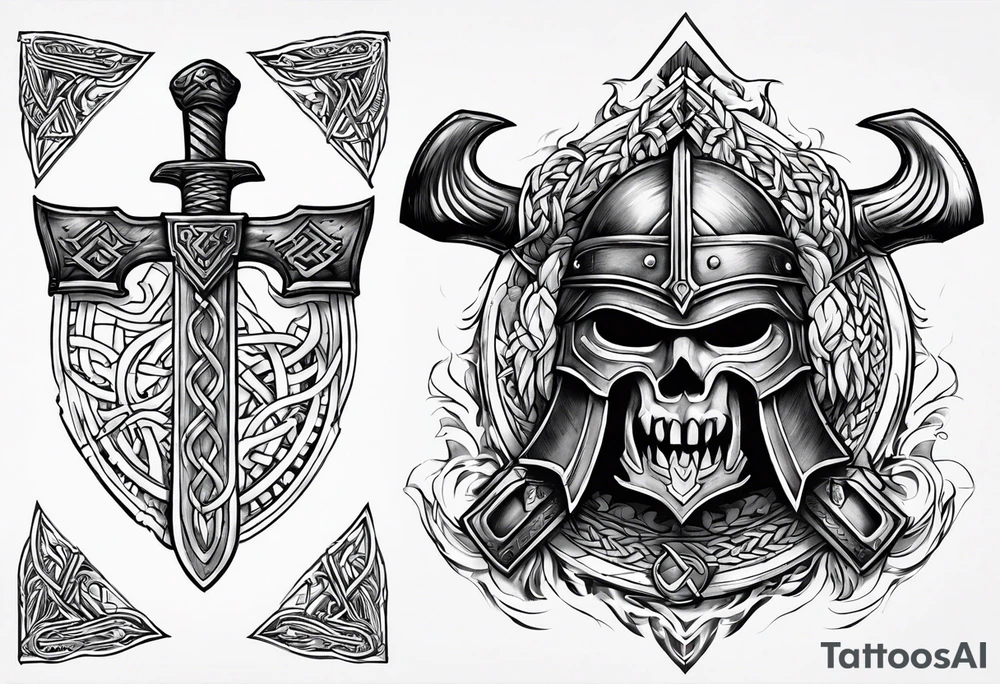 Valhalla sword round shield axe Valknut steps fire chains tattoo idea Valhalla sword round shield axe Valknut steps fire chains tattoo idea