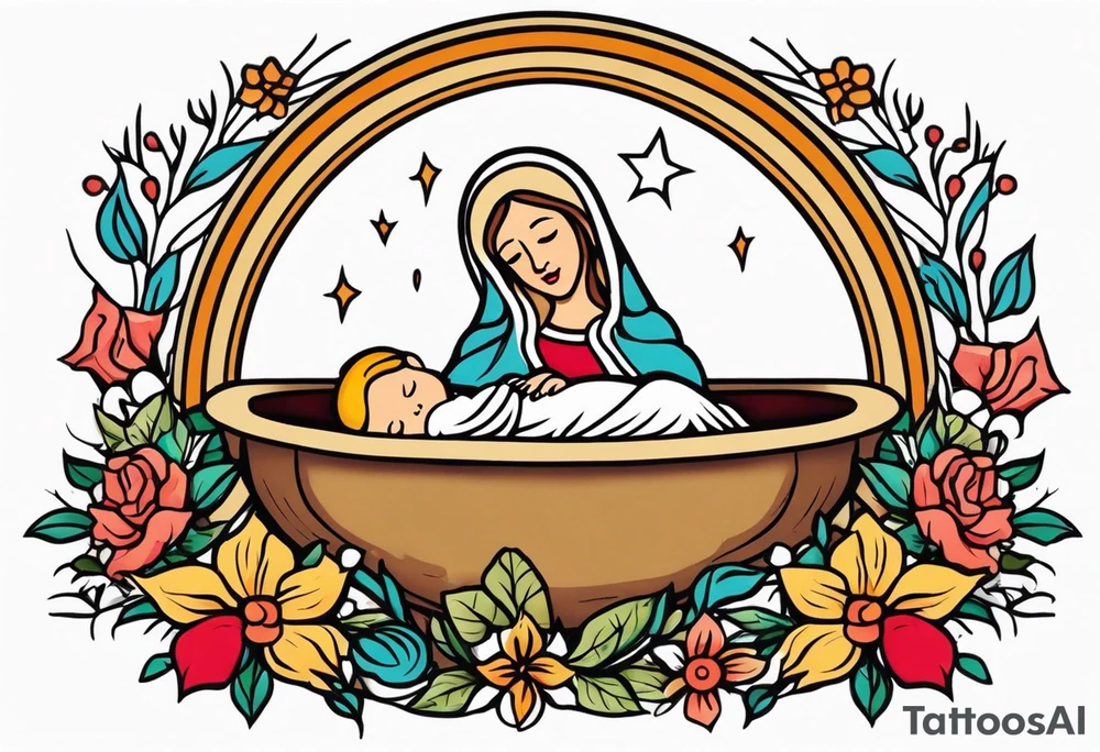 baby jesus in manger

old school vintage simple traditional design with vintage flowers surrounding it bold color simple tattoo idea