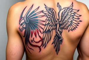 Anubis and a Guardian Angel Back to Back (only red , blue and black are possible colors) tattoo idea