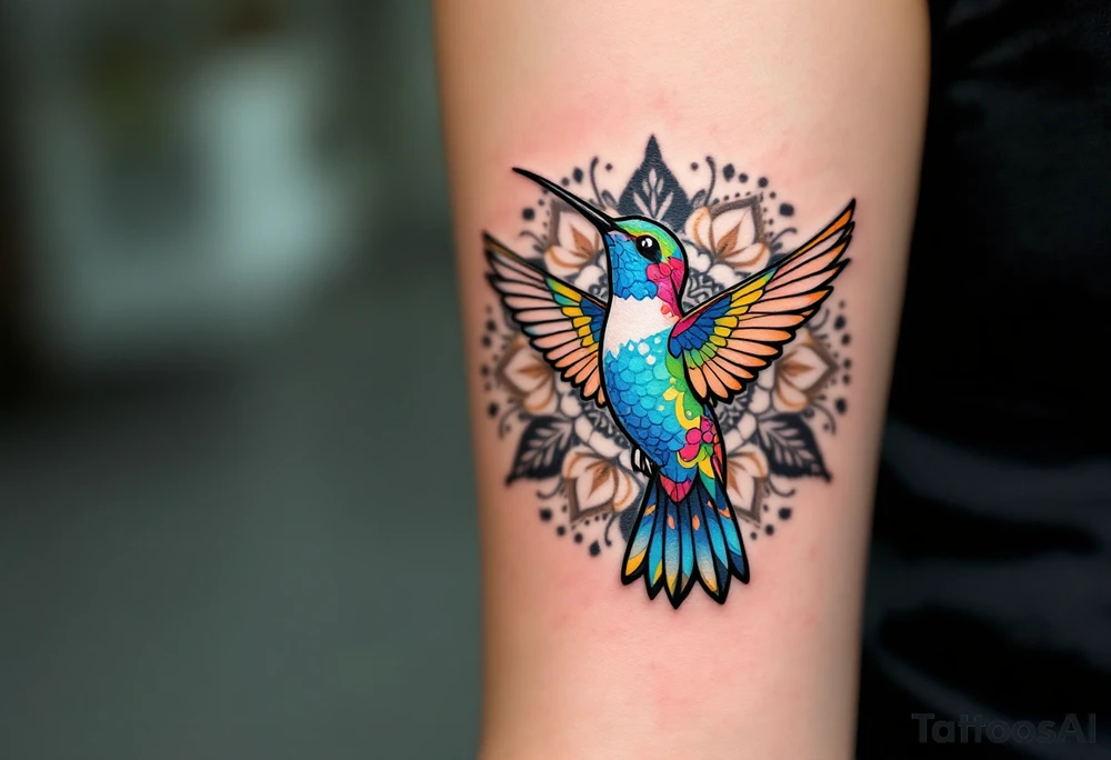 Colorful hummingbird centered in front of a mandala design tattoo idea