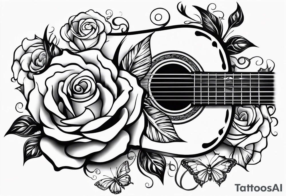 Acoustic guitar treble clef, roses and butterflies on the right side only tattoo idea
