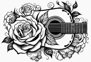 Acoustic guitar treble clef, roses and butterflies on the right side only tattoo idea