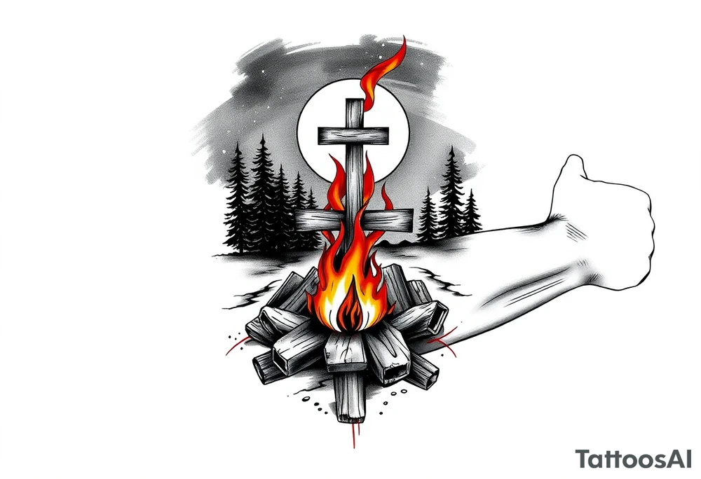Campfire with cross include the great outdoors and night sky make sure cross doesn't look like it is on fire tattoo idea