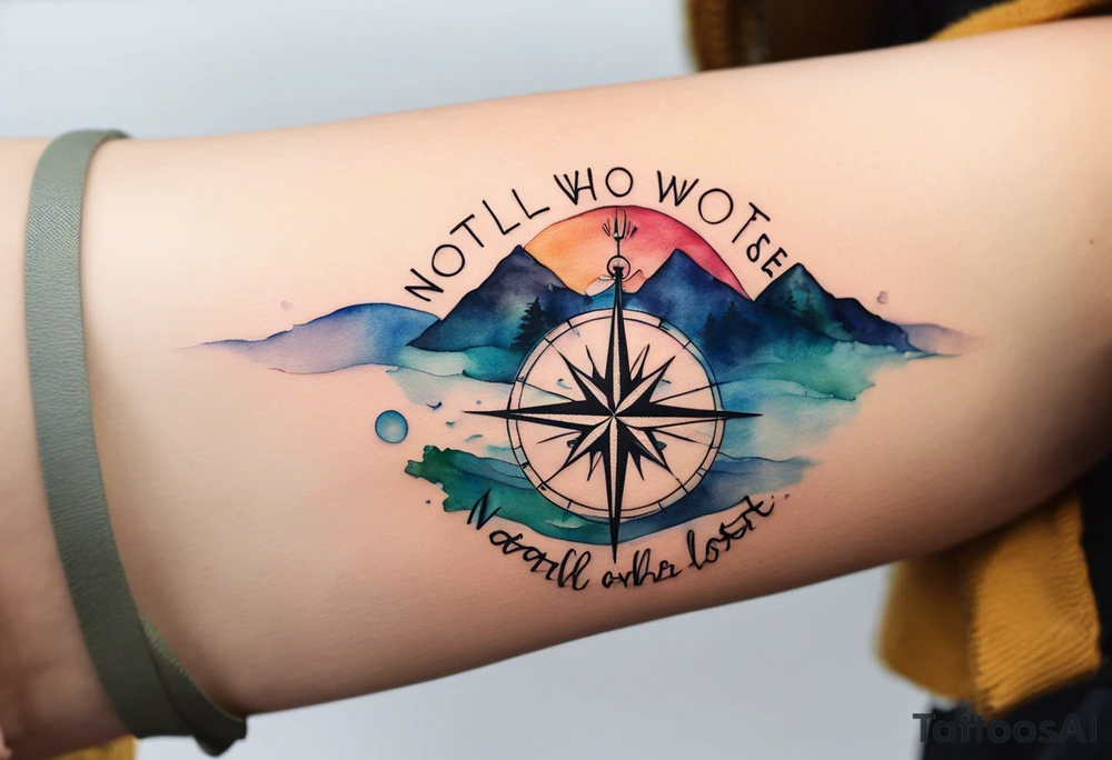 A half sleeve tattoo that features the quote **"Not all who wander are lost"** in elegant script on the outer forearm. Surrounding it are a compass rose and flowing elements like mountains, waves, and trees, symbolizing adventure and nature. Small travel icons like a plane and backpack are interspersed, enhancing the theme of exploration. The design uses a watercolor style with soft colors, creating a cohesive, dynamic look that wraps naturally around your forearm tattoo idea