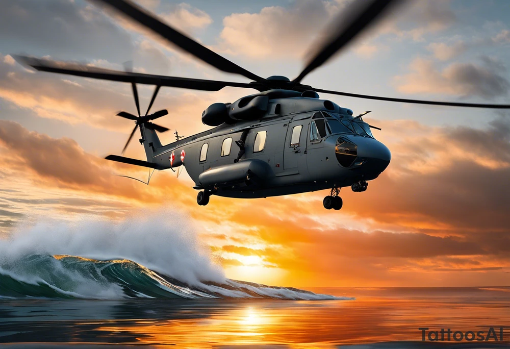 Canadian military grey CH-148 Cyclone helicopter soaring low over rough, ocean waves. The sun is setting, casting a dramatic glow on the scene with realistic clouds and a specular reflection of the helicopter on the water. The helicopter should be the main focus, with intricate details and a sense of motion. In the background, a poppy be prominently displayed tattoo idea