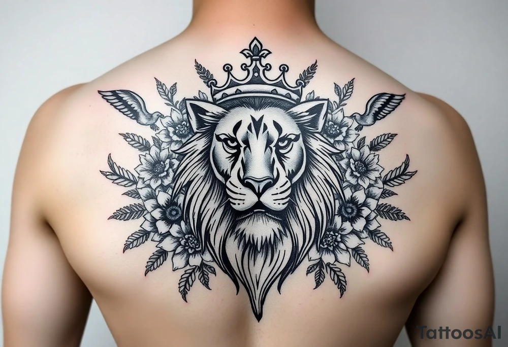 powerful majestic lion with a crown, surrounded by floral ornaments and birds tattoo idea