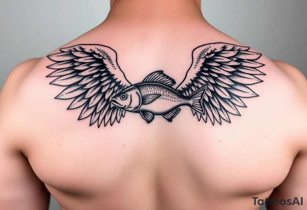 angel wings with fish inside tattoo idea