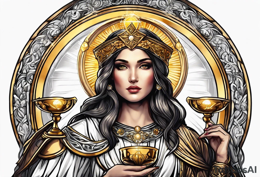 woman saint holding chalice surrounded by golden halo tattoo idea