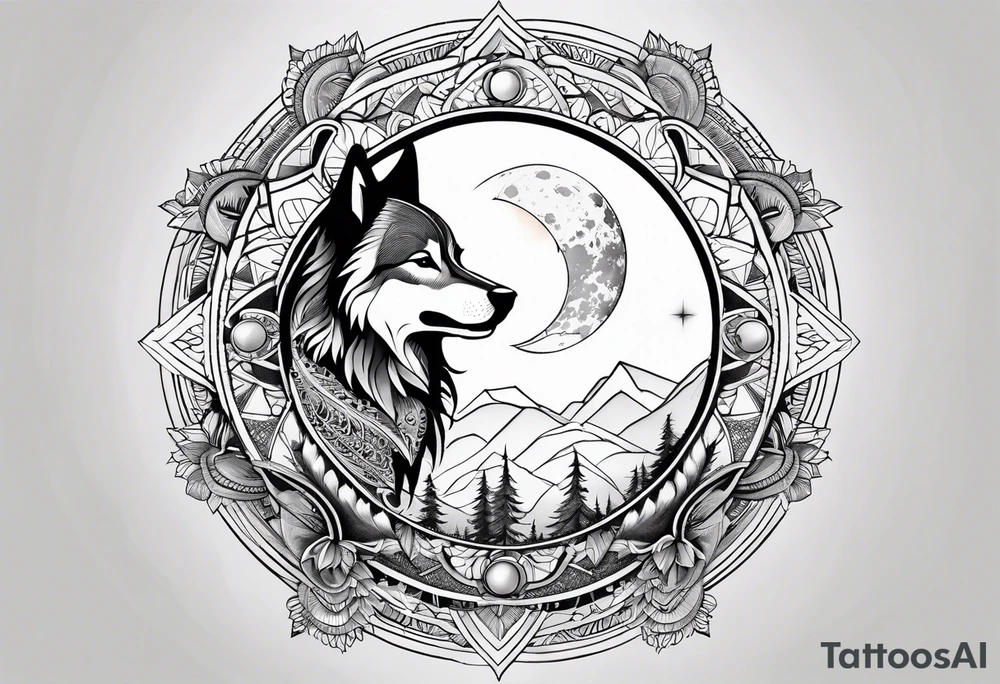 Mandala theme design with moon and wolves for forearms tattoo idea