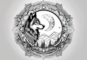 Mandala theme design with moon and wolves for forearms tattoo idea